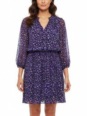 White House Black Market Purple Printed Long Sleeve Dress